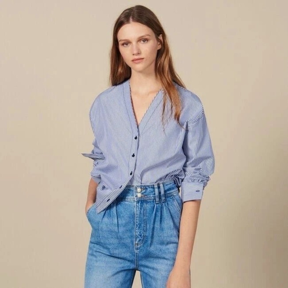 Sandro Paris Blue White Striped V-Neck Button Down Shirt Blouse Size 1 Small